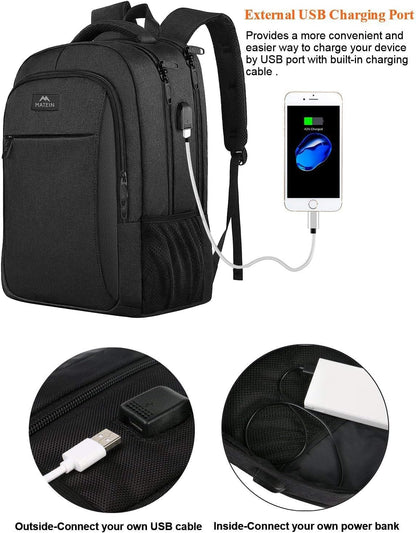 MATEIN Business Laptop Backpack, 15.6 Inch Travel Laptop Bag Rucksack with USB Charging Port, Water-Resistant Bag Daypack for Work College Computer Men Women Backpack, Black
