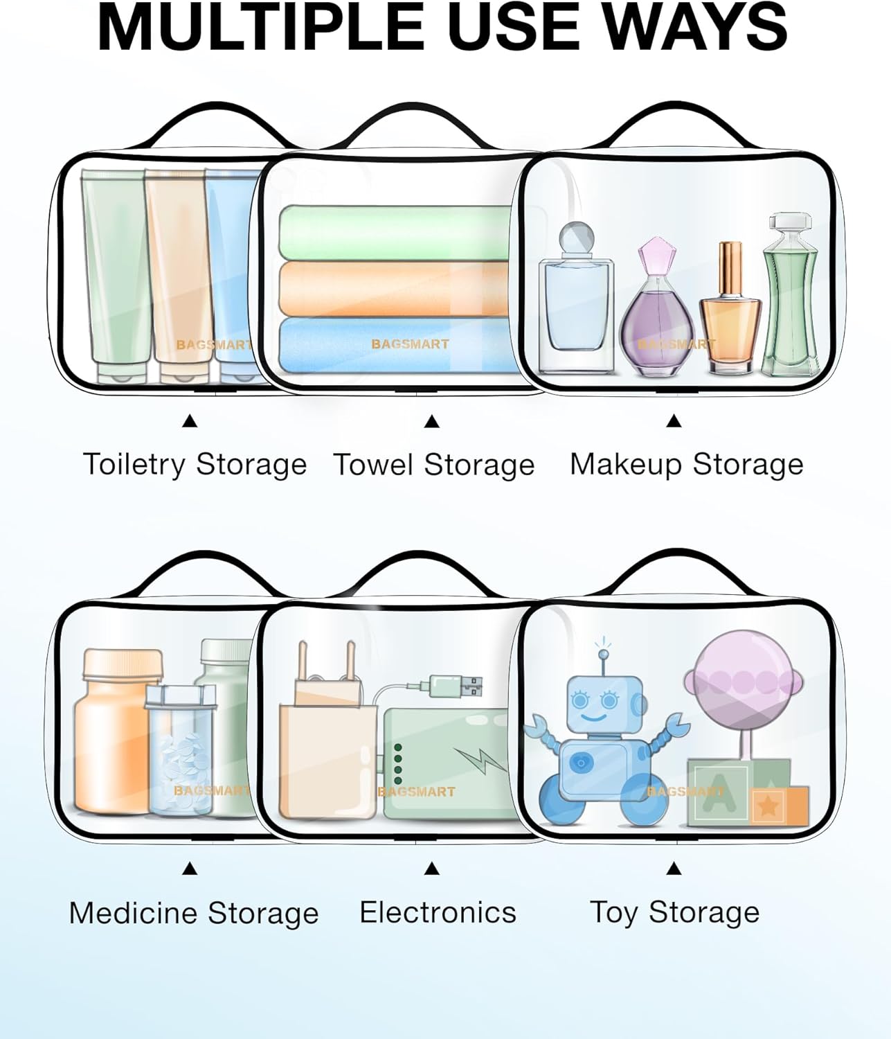 BAGSMART TSA Approved Clear Toiletry Bag, 2 Packs Quart Size Water Resistant Makeup Cosmetic Bags for Women, Airport Airline Travel Essential Carry On Organizer with Handle Large Opening, Black