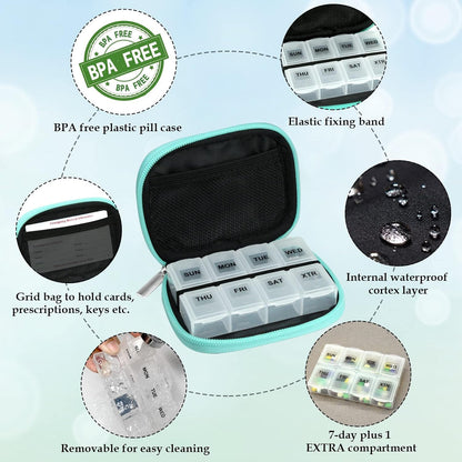 Serfeymi Weekly Travel Pill Organizer Pill Case for Purse with Removable 7 Day Pill Box, Fashionable Travel Medicine Organizer Pill Container for Medicine, Vitamin, Supplement - Black 01 + Green 01