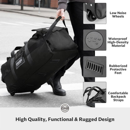 STOVER 80L Rolling Duffel Bag with Wheels, Large 31 Inch Durable Travel Duffle + Toiletry Bag, Heavy Duty, Packable, Foldable w/Shoulder Straps- Use as Luggage or Backpack, Men/Women (Black)