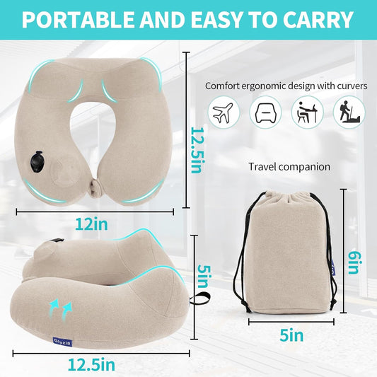 2 Pack Inflatable Travel Neck Pillows for Airplanes, Head Support Velvet Adult Neck Pillows for Long Flight, Kit with Eye Mask, Earplugs and Storage Bag, 2, Beige
