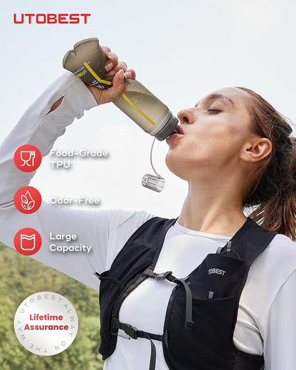 UTOBEST 500ml Soft Flask, 2 Pack Flexible TPU Hydration Water Bottle, Collapsible with 42mm Caliber for Running, Hiking, Cycling, Climbing, and Marathon Yellow