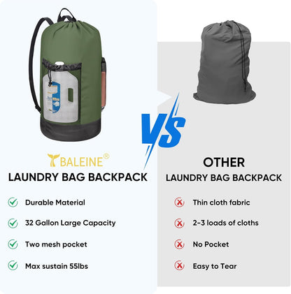 BALEINE 150L Laundry Bag Backpack, 900D Oxford Fabric Large Travel Laundry Bags with Shoulder Straps and 2 Mesh Pockets for College Dorm, Apartment, Laundromat (Green, 150L)
