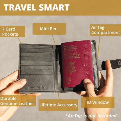 GARZINI Passport Holder with AirTag, Passport Wallet with RFID, Travel Accessories, Travel Document Holder with ID Window, Leather Passport Holder for 7 Cards, Camel Brown
