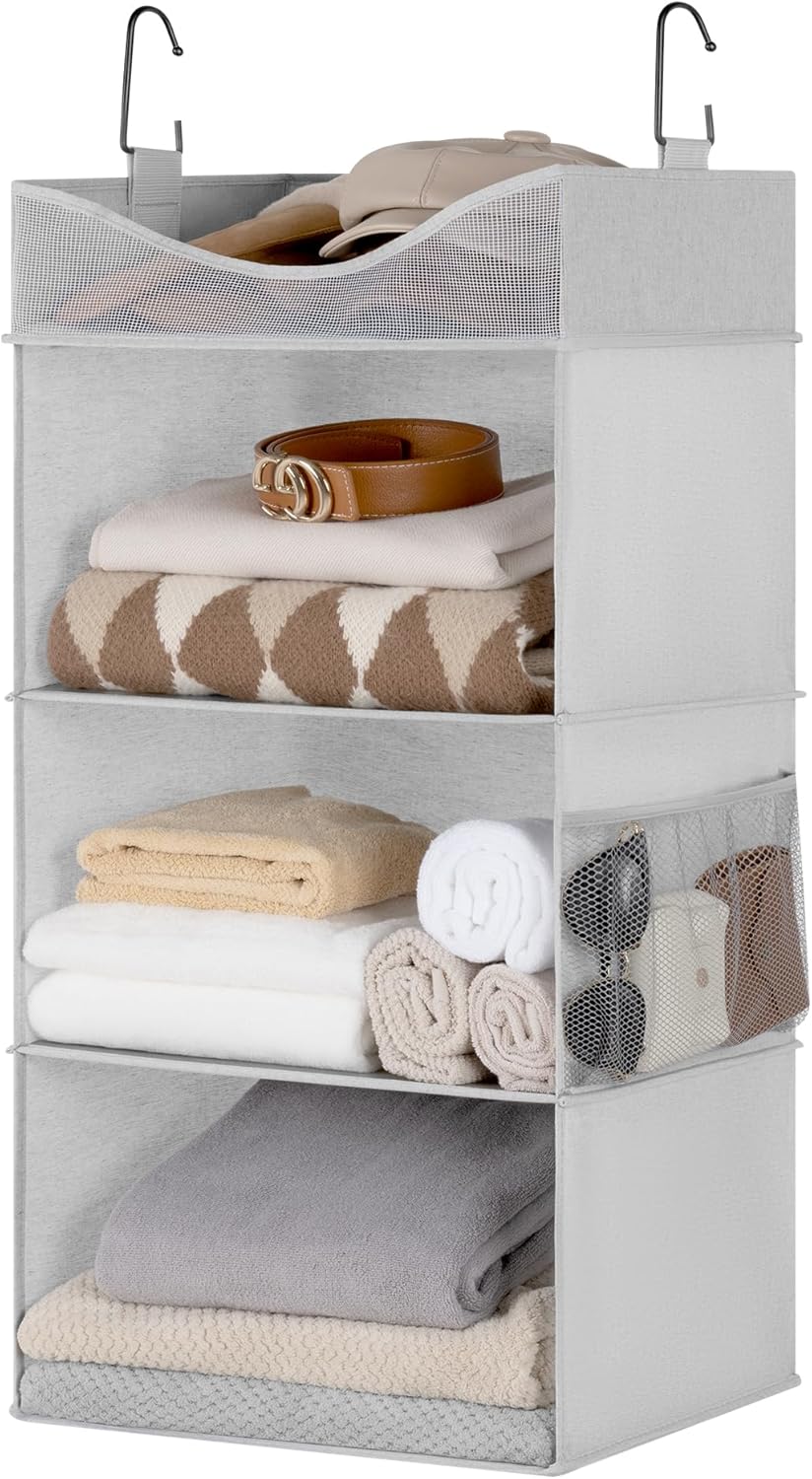 StorageWorks Hanging Closet Organizer, 3-Shelf Hanging Closet Shelves with Top Shelf, 15 ¾"W x 12" D x 31" H, Extra-Large Space, Light Grey
