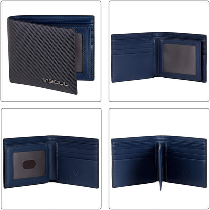 VISOUL Leather Mens Bifold RFID Blocking Wallet with 2 ID Windows, Leather Wallet for Men (Carbon Fiber, Black+Blue)