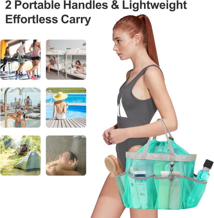 F-color Mesh Shower Caddy Portable with Drawstring - Upgrade Deeper 7 Pockets Dorm Room Essentials for Guys Girls with S Hook, Shower Bag Basket Tote for College Camping Bathroom, 2 Pack Mint Green