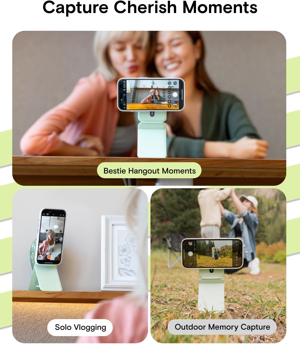 MOFT Phone Tripod Stand Selfie Stick for iPhone, Multi-Angles iPhone Stand, Lightweight & Portable Phone Holder, Strong Magnets, MOVAS Vegan Leather, Travel Essentials, Peppermint (Without Card Slot)