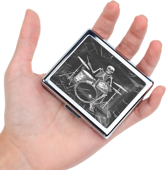Cute and Stylish Metal Pill Box - Compact Portable Pill Organizer with 8 Compartments, Food-Grade Divider, Ideal for Travel, Vitamins, Jewelry, Cosmetics (Skeleton Drummer)