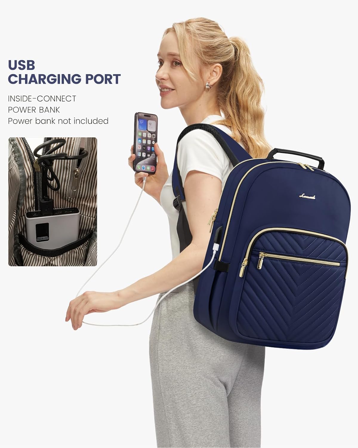 LOVEVOOK Laptop Backpack Purse for Women, Work Business Travel Computer Bags, College Nurse Backpack for Womens, Quilted Casual Daypack with USB Port, Fit 15.6 Inch Laptop, Navy