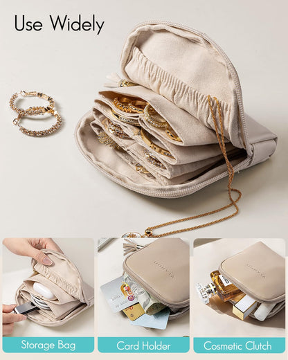 Vlando Small Travel Jewelry Case,Travel Gifts for Women,Jewelry Pouch Bags with Zipper,Velvet Jewelry Organizer Storage Bag for Bracelet Rings Earring-Cream White