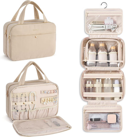 Hanke Hanging Travel Toiletry Bag for Women with Jewelry Organizer Compartment, Travel Essentials Toiletries and Makeup Bag, Water-Resistant & Stain-Resistant with Trolley Strap (Apricot)
