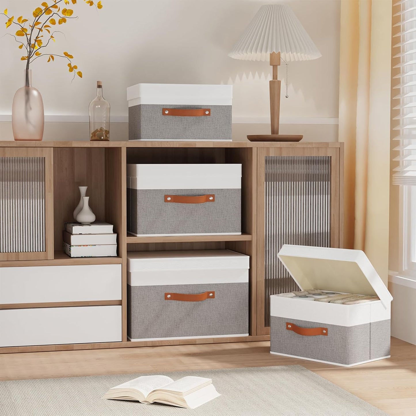 Fabric Storage Boxes with Lids, Linen Foldable Cloth Baskets, 17.7 x 11.8 x 11.8 Inch Closet Organizer Containers with Double Handles, Sweater Bins for Bedroom, White and Grey, 1 Pack