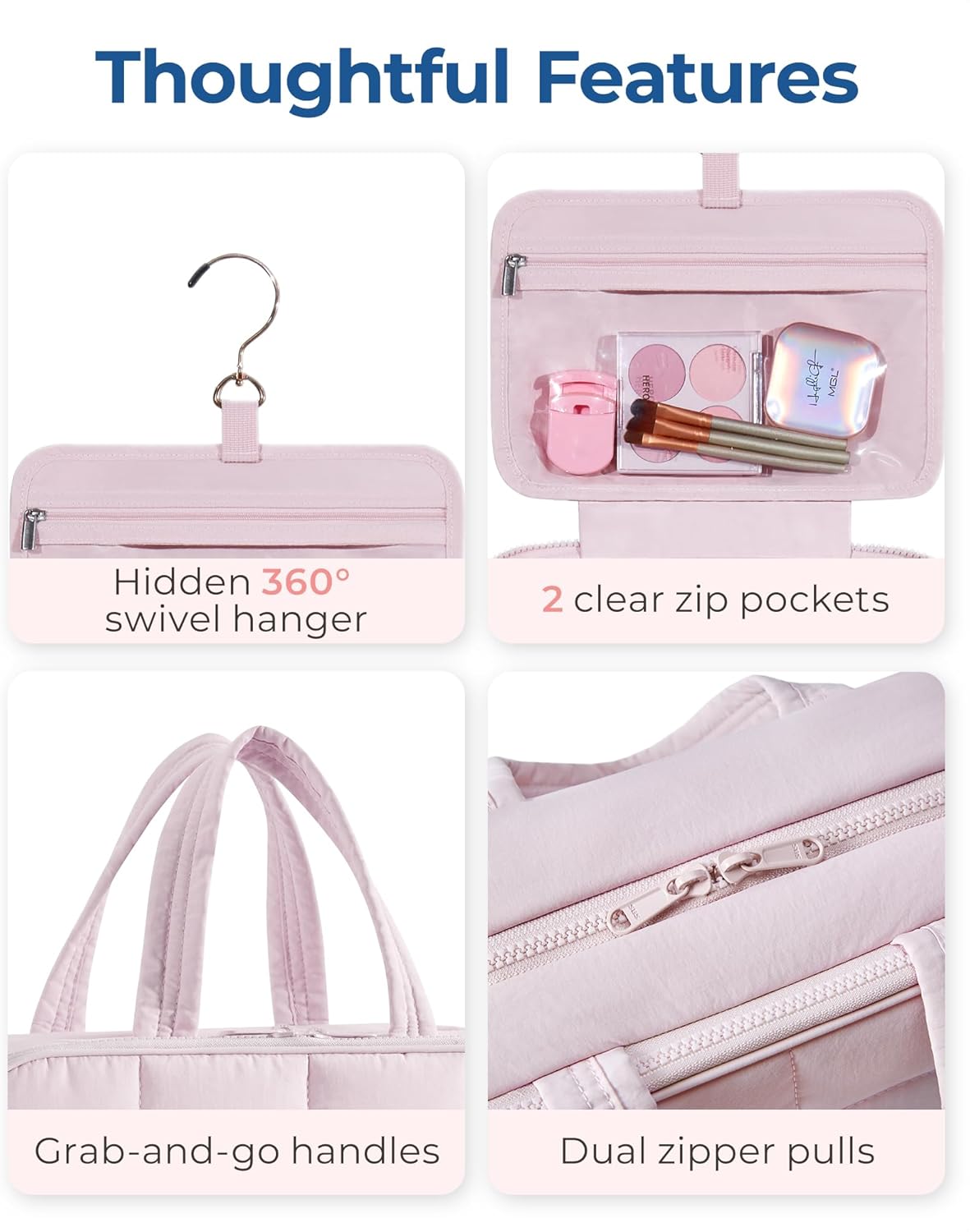BAGSMART Travel Toiletry Bag with Jewelry Organizer, Hanging Travel Bag for Toiletries, Puffy Makeup Cosmetic Bag Organizer, Carry-on Travel Accessories Essentials, Pink-M