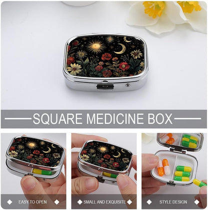Metal 2 Compartment Pill Organizer Travel Friendly Portable Compact Pill Box Cute Pill Case,for Pocket Wallets Daily Portable Medicine Vitamin Tablet Storage (The Dark Night)
