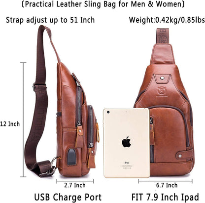 BULLCAPTAIN Leather Sling Bag Mens Chest Bag Casual Shoulder Crossbody Bags Travel Hiking Backpacks Daypack with USB Charging Port (Brown)