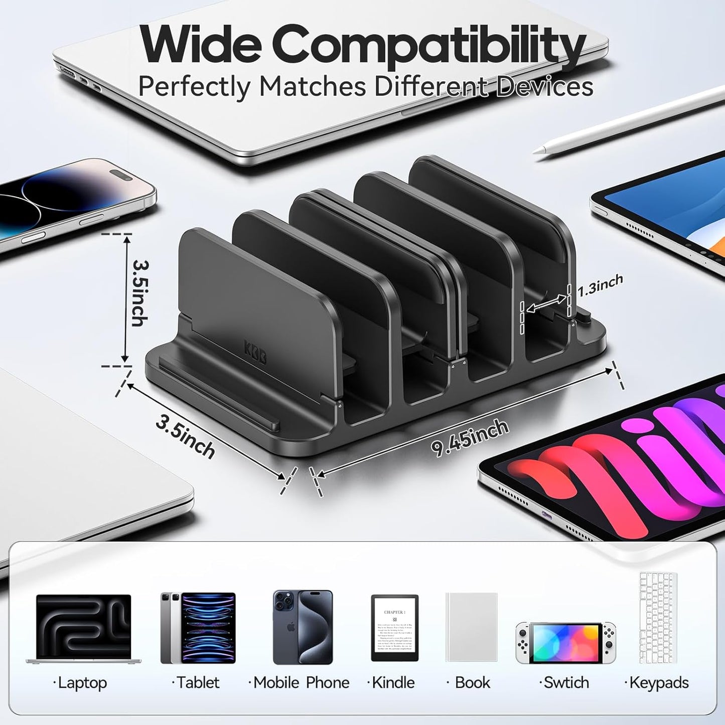 KDD 4-Slot Vertical Laptop Stand with Gravity Locking, 6-in-1 Laptop Holder Desktop Stand, Space-Saving Organizer Fits MacBook/Surface/HP/Dell/Book/Tablet/Switch/Cell Phone and Keyboard