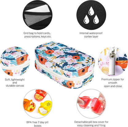 Serfeymi Weekly Travel Pill Organizer 2 Times A Day AM PM Upgraded Rainbow Pill Box 7 Day with Portable Zipper Canvas Pill Case, Medicine Organizer for Pills, Vitamins, Fish Oils - Bloom 01
