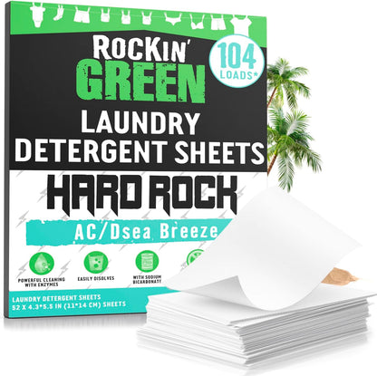 Rockin' Green Hard Rock Travel Laundry Detergent Sheets for Hard Water - Mess-Free Laundry Sheet Detergent with Sodium Bicarbonate - Easily Dissolvable Laundry Soap Sheets (104 Loads, AC/DSea Breeze)