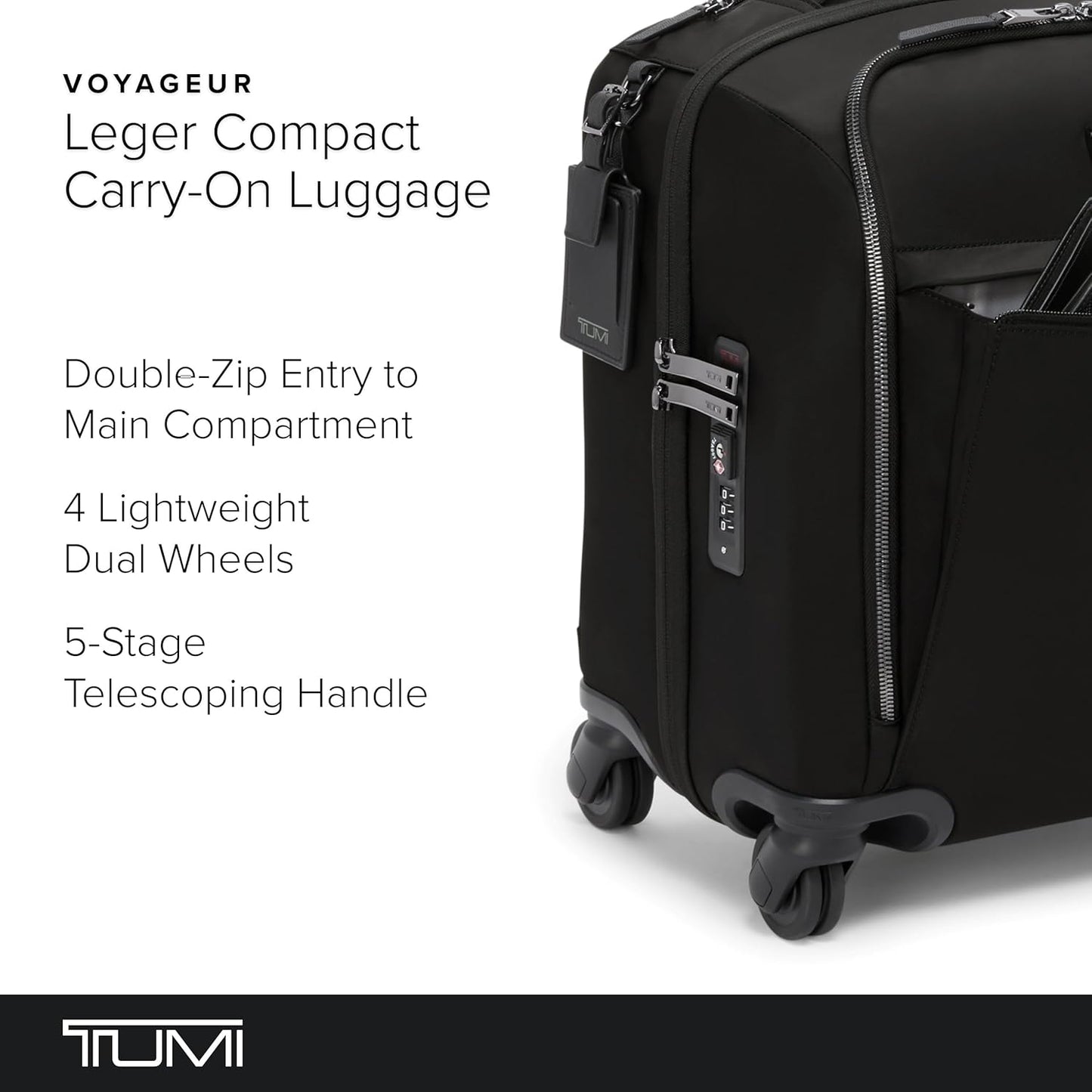 TUMI - Voyageur Leger 4 Wheeled Luggage - Women's Lightweight and Spacious, Sleek Silhouette, Durable Premium Suitcase - 16" Compact Carry-On, Black with Gunmetal Hardware