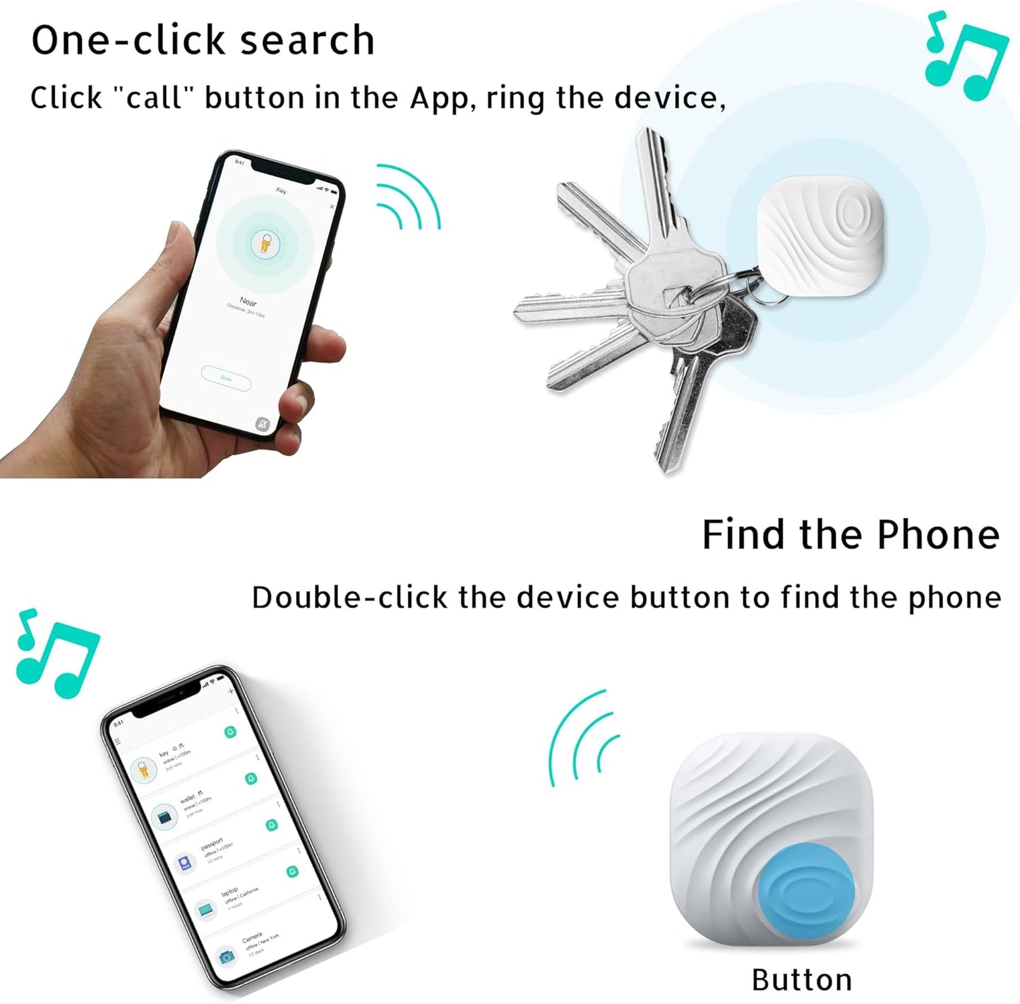 Key Finder, Bluetooth Tracker Item Locator with Key Chain for Keys Pet Wallets or Backpacks and Tablets, Batteries Include (White, 1 Pack)