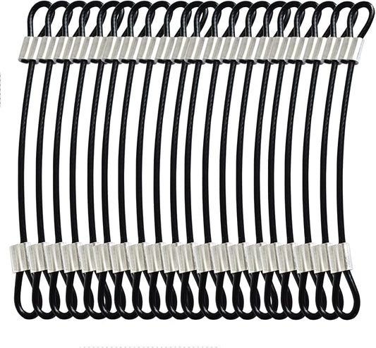 20 pcs 6 inch (15cm) 3mm Thickness Stainless Steel Wire Cable with Loops Vinyl Cover Coated Short Rope Lanyard Lock Safety Tether Chains, Black