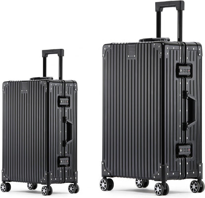 Metal All Aluminum Carry-on Luggage TSA Customs Lock Zipperless Silent Rotary Wheel Business Suitcase Aluminum Frame Set (black, 2Piece(20/26))