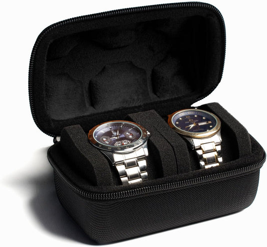 2 slot Hard Watch Travel Case, Watch Roll Case Storage and Organizer for Men and Women, with anti-move watch pillow (Black fabric 2 slot)
