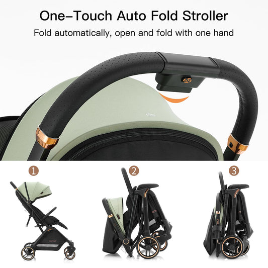 Gravity Folding Baby Stroller - Portable Travel Toddler Stroller w/Adjustable Backrest & Canopy, Lightweight and UV Protected, One-Hand Automatic Folding - Green