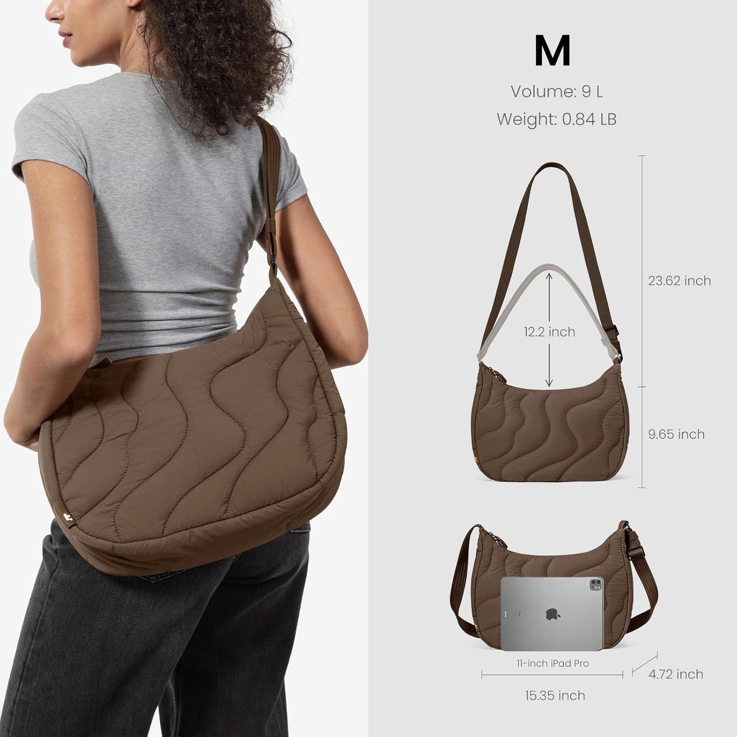 tomtoc 9L Puffer Sling Crossbody Bag for Women Trendy, Nylon Quilted Crescent Shoulder Bag Purses for 11-inch iPad Air/Pro & Daily Essentials, Puffy Travel Hobo Handbag with Organized Inner Pockets