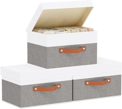 Fabric Storage Boxes with Lids, Linen Foldable Cloth Baskets, Closet Organizer Containers with Double Handles, Sweater Bins for Bedroom, White and Grey, 3 Pack, 13 x 9.1 x 7.9 Inch