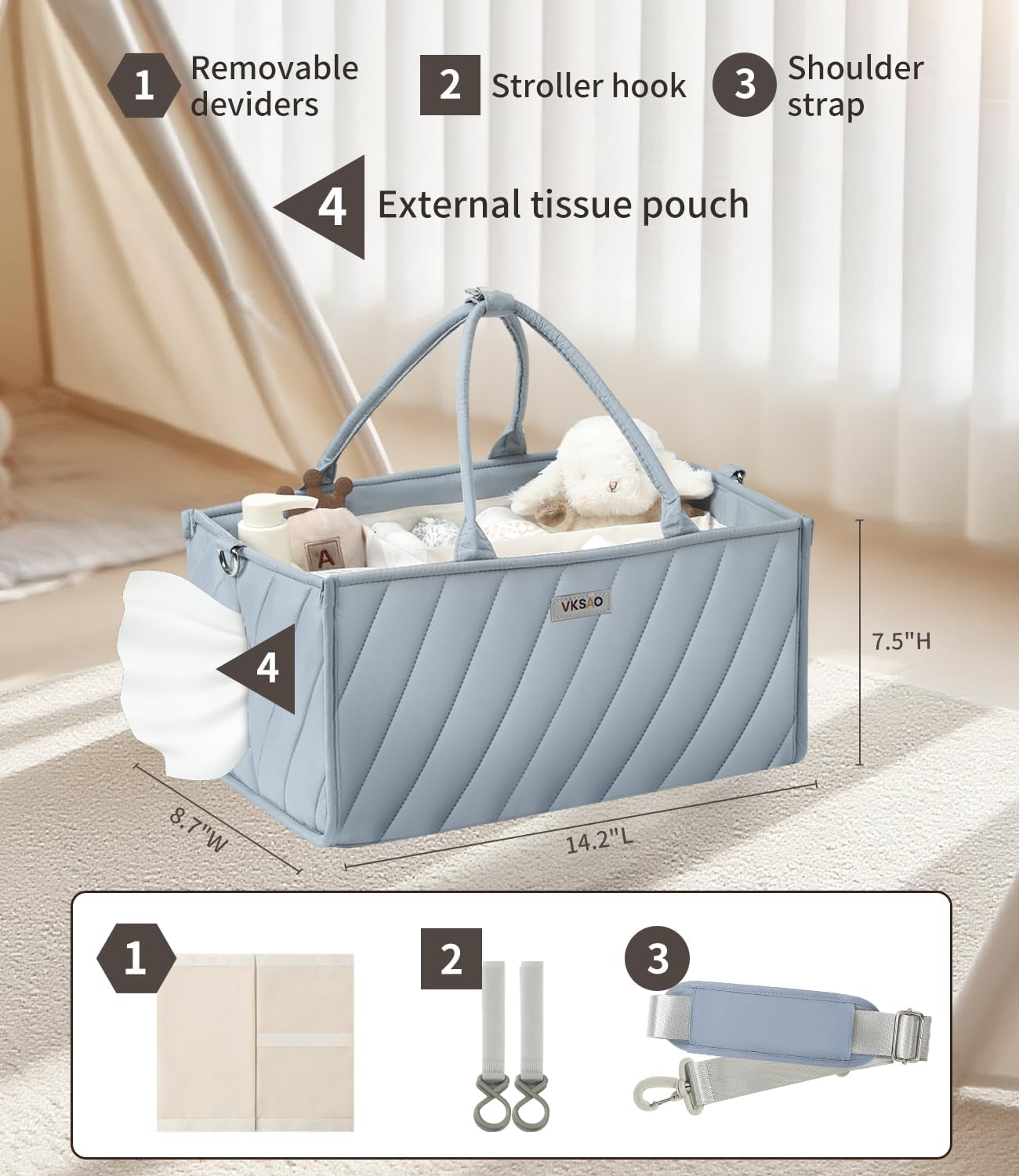 Baby Diaper Caddy with Tissue Pocket, Multi-Function Caddy Organizer with Shoulder Strap & Stroller Clips – Durable Organizer Bags for Nursery, Travel & Car, Baby Essentials Changing Table