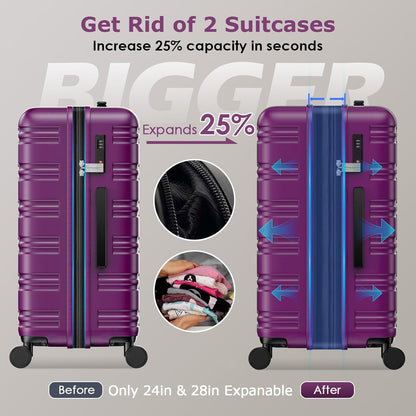 BEOW 3 Piece Luggage Sets For Women with Spinner Wheels, Durable Polycarbonate Hardside Expandable Suitcase Sets 3 Pcs, Stylish Lightweight Travel Luggage with TSA Lock 20 24 28 Inch Purple