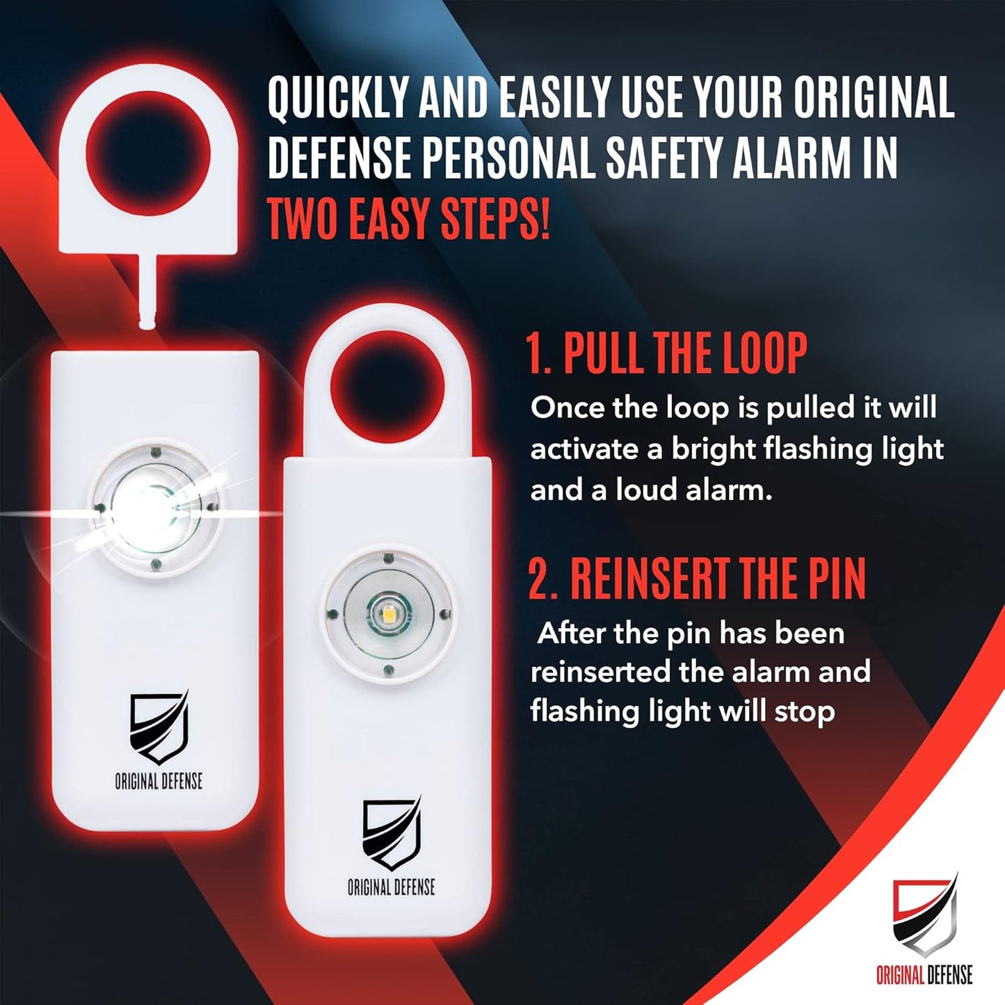 Original Defense® Siren Self-Defense Alarm (White) - 130 dB Keychain Alarm with LED Strobe Light for Women, Children, and Elderly - Police Recommended