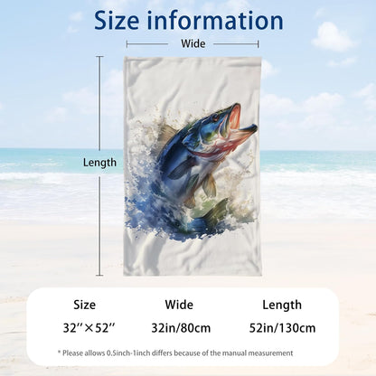 WZOMT Bass Fish Beach Towel Blanket Fishing Towels, Funny Bass Green White Microfiber Bath Towel for Adults Kids, Quick Dry Sandproof Towels for Swim Pool Travel Yoga, Oversized 32x52 Inch