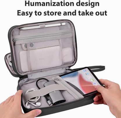DDgro Travel Electronic Accessory Organizer for Keeping Cables Cords Chargers Phone Earphones SD Cards, Double Layers Storage Pouch Bag (Black, PU-Large)