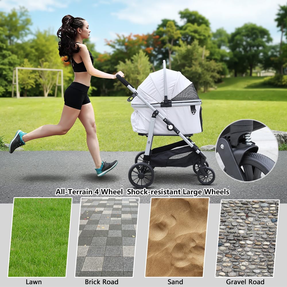 Dog Cat Stroller, Foldable 4 Wheels Dog Stroller for Small Medium Dogs 20 lbs,Pet Strollers for Large Dogs 50lbs, Stable Anti-Shock Detachble Carrier,with 360°Swiveling Front Wheel forTravel