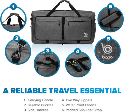 Bago Large Foldable Duffel Bags for Traveling Women & Men - 120L Packable Duffle Bag for Travel with Shoe Compartment - Water Repellant, Heavy Duty, Lightweight Folding & Collapsible (SnowBlack)