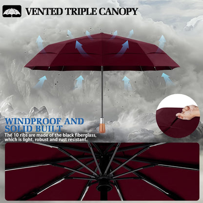 3T Wind Armor Travel Umbrella Compact Easy Auto Open Close Folding Umbrellas for Rain Windproof Umbrella for Women and Men Durable Real Wood Handle Portable Fits Backpack Car