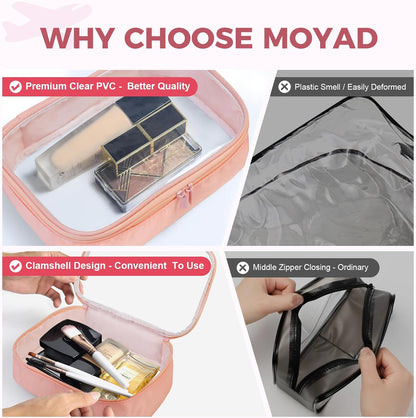 Moyad TSA Approved Clear Toiletry Bag, 2 Pack Quart Size 3-1-1 Liquids Pouch for Travel, Transparent Makeup & Cosmetic Organizer for Women Men, Peach Pink