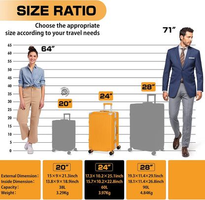AnyZip Luggage PC+ABS Aluminum Frame Zipperless Checked Luggage Hard Shell Suitcase with TSA Lock Double Spinner Wheels 24 Inch Orange