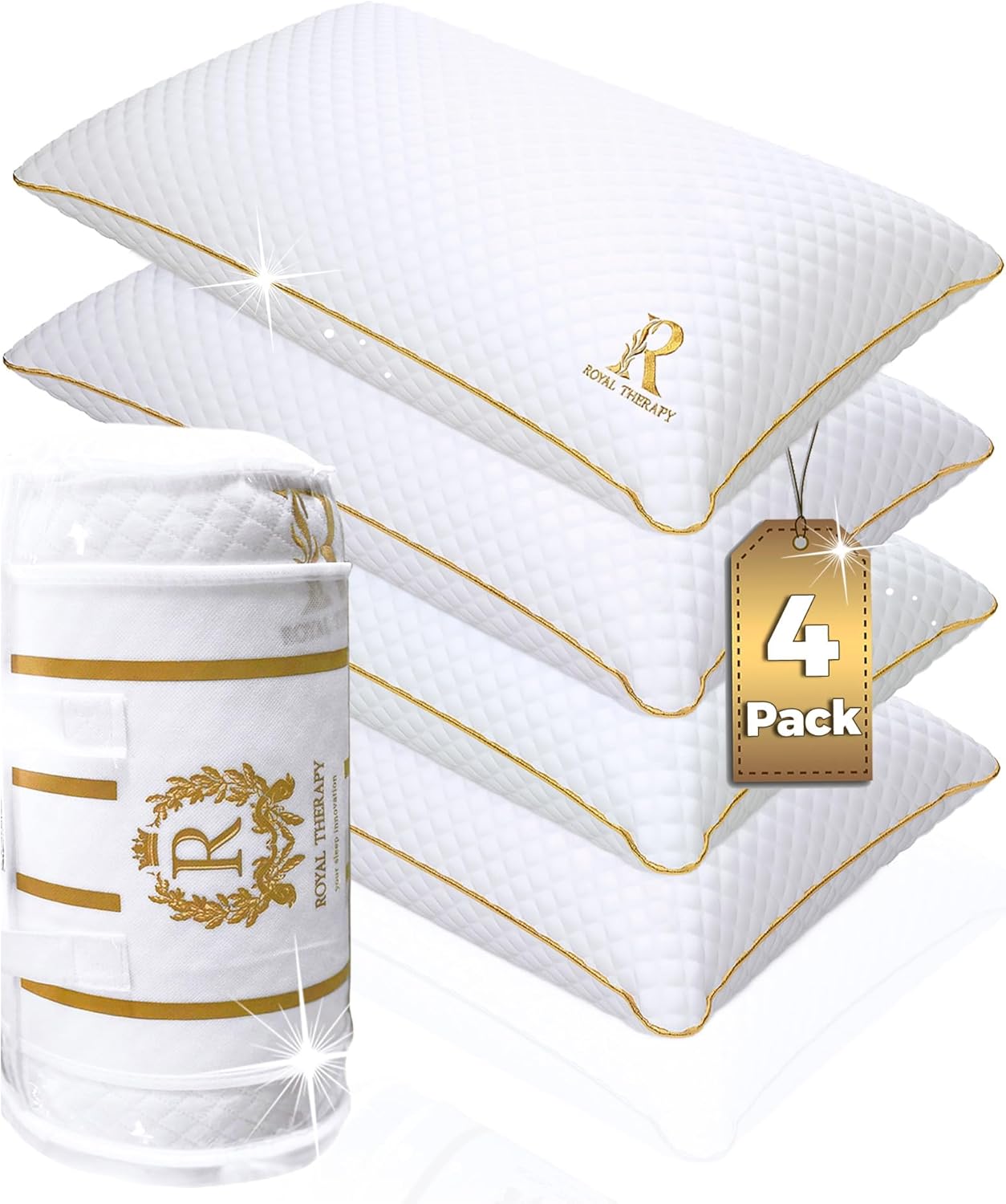 Royal Therapy Queen Memory Foam Pillows 4-Pack - Shredded Memory Foam Pillow for All Sleep Positions - Medium Firm Pillow with Adjustable Loft, Bamboo Rayon Cover, CertiPUR-US, Oeko-TEX Certified