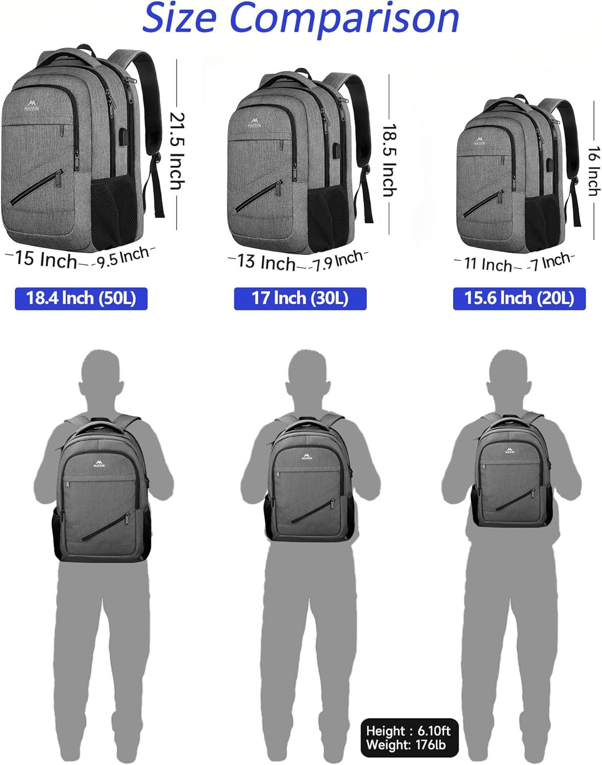 MATEIN 18 Inch Laptop Bookbag, 50 L Extra Large School Laptop Backpack with Luggage Strap and TSA Laptop Compartment for Men Women, Waterproof Carry On Computer Bag for Students Teachers, Grey