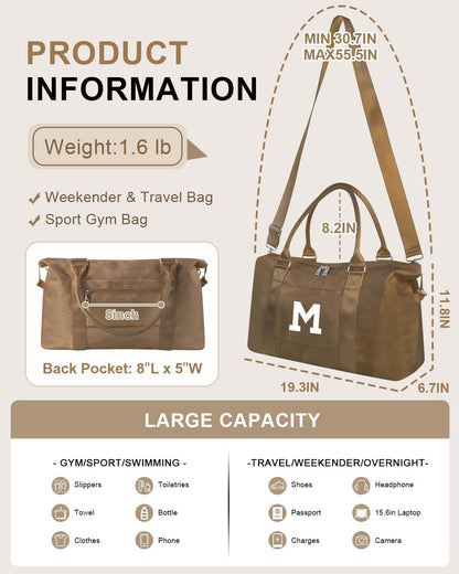 Birthday Graduation Gifts for Daughter,Initial Travel Duffel Bag Sports Gym Bag for Girls Teen Kids Birthday Gifts,Personalized Weekender Bag Carry On Tote Bags Cute Overnight Bag for Women(Brown, M)