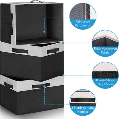 GhvyenntteS Large Storage Baskets for Shelves 3 Pack, Collapsible Fabric Storage Bins with 3 Handles, Decorative Closet Organizers and Storage bins for Clothes Blanket Beddings (Black, 15"x11"x9.6")