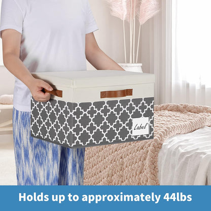 GhvyenntteS Large Fabric Storage Bins with Lids (3 Pack), Foldable Decorative Storage Boxes with Lids and 3 Handles, Sturdy Storage Baskets with Label Window for Home Office (White&Lattice Grey)