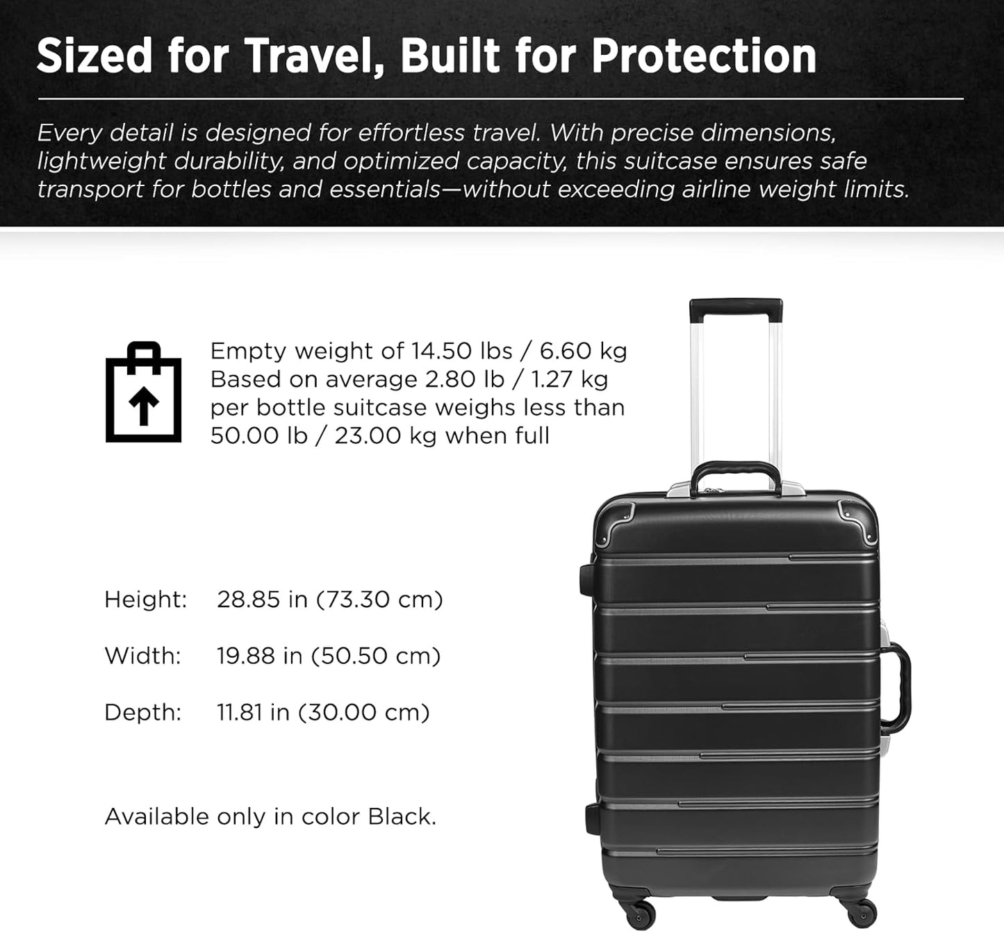 FlyWithWine® by VinGardeValise 12-Bottle Hard Shell Wine Suitcase with Hinomoto 360° Spinner Wheels – TSA Approved Wine Luggage with Removable Foam Insert and 18 Wine Accessories