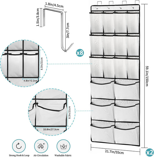 2 Packs Over the Door Shoe Organizer, 36 Large Mesh Pockets Hanging Shoe Boots Rack Holder, Closet Hanging Organizers for Storage Sneakers High Heeled Shoes Slippers (White)