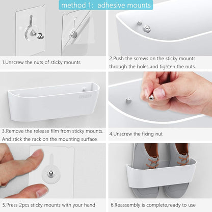 Wall Mounted Shoes Rack 6Pack with Sticky Hanging Strips, Plastic Shoes Holder Storage Organizer,Door Shoe Hangers (SM03-White-6)