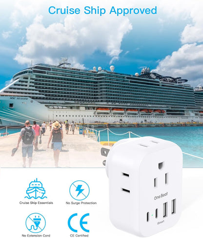 Travel Cruise Ship Essentials, Travel Plug Adapter with 4 Outlets 4 USB (4 USB-C), Cruise Approved Power Strip Non Surge Protector, Multi Plug Wall Outlet Extender, Travel Cruise Must Have Accessories